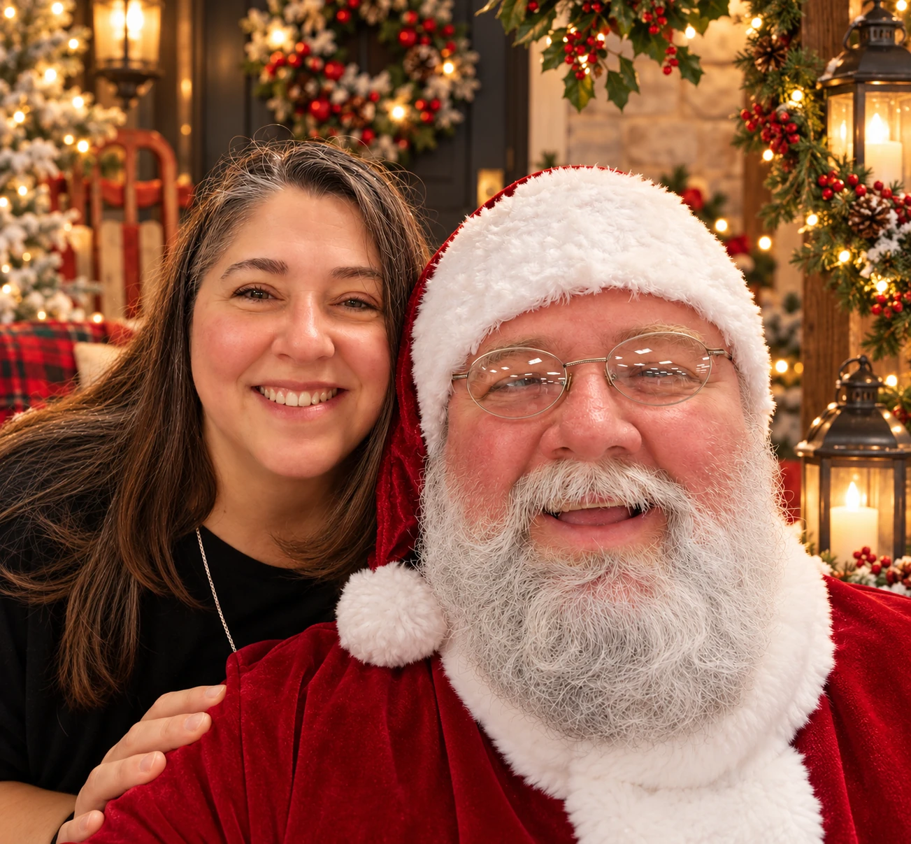 Santa Jeff and a smiling woman taking a Christmas selfie beside warm holiday lights