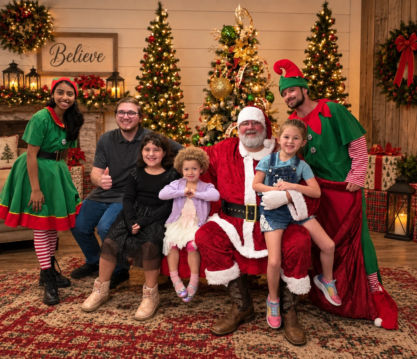Santa Jeff with children, an adult, and two elves in front of decorated Christmas trees
